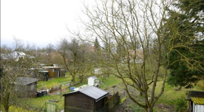 Landschaft mit kahlen Bäumen, Gartenhäusern und einem bewölkten Himmel.