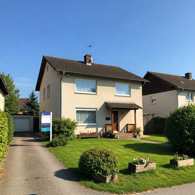 Zweifamilienhaus mit Garten und gepflastertem Weg, blauer Himmel im Hintergrund.