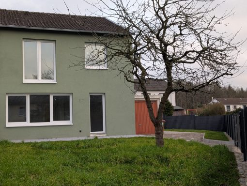 Helles, grünes Haus mit Fenster, einem Baum und Rasenfläche im Vordergrund.