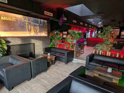 Gemütliche Lounge mit schwarzen Sofas und bunten Pflanzen in verschiedenen Farben.