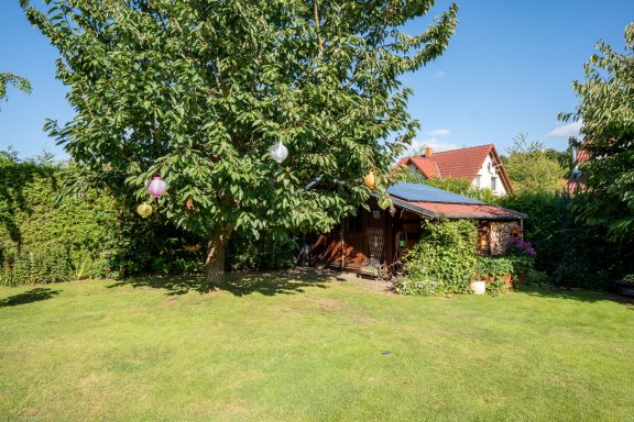 Garten mit Rasen, Bäumen und einem kleinen Holzhaus hinter Hecke