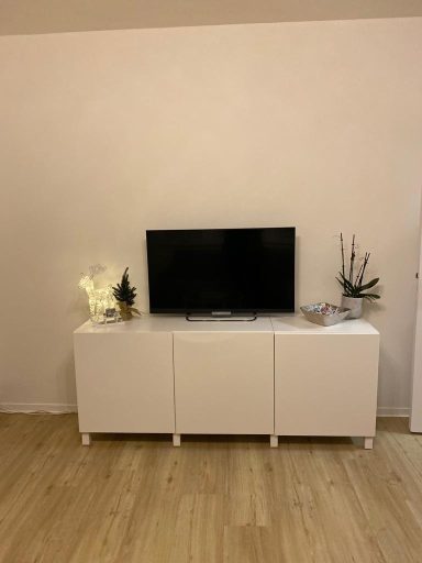 Weißer TV-Schrank mit schwarzem Fernseher und Pflanzen auf der Oberseite.