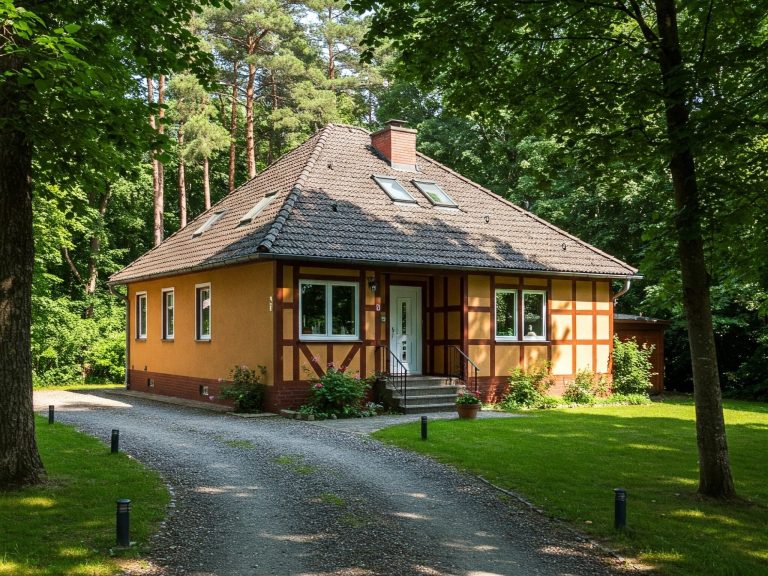 Einfamilienhaus mit Holzfassade, umgeben von Bäumen und einem gepflasterten Weg.