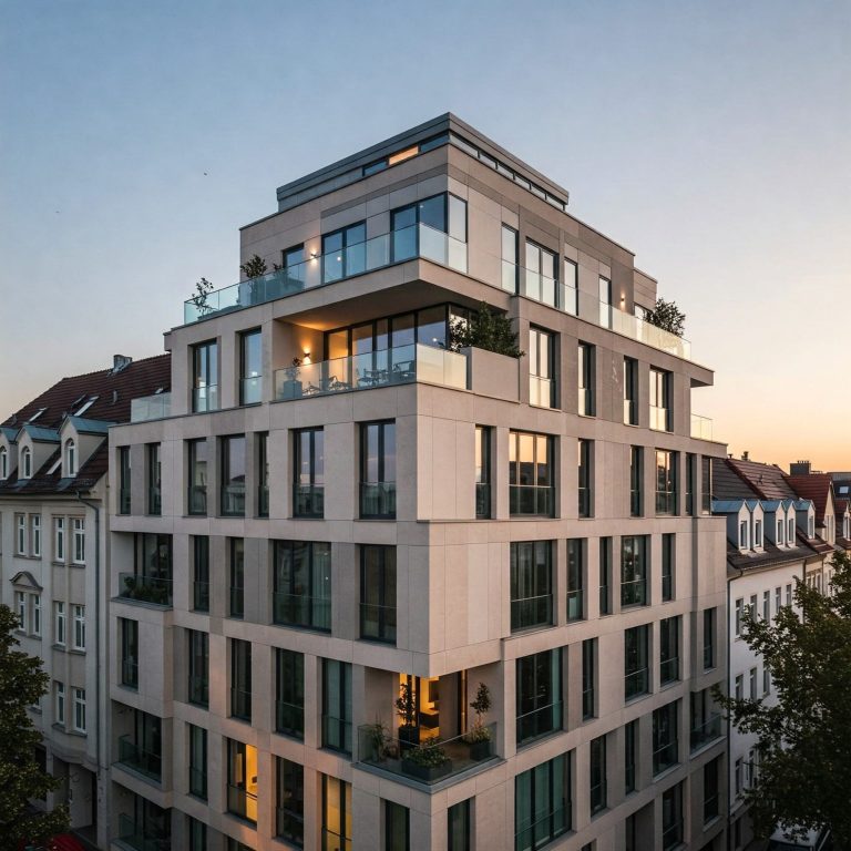 Modernes Wohngebäude mit Balkonen und großen Fenstern, bei Dämmerung aufgenommen.